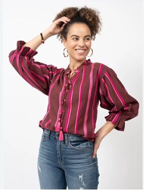 Ivy Jane Boho Tassel Peasant Top Pink and Burgundy Large Embroidered